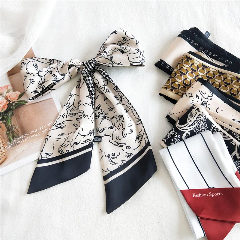 

Spring Summer Elegant Korea Print Skinny Silk Neck Scarf Fashion Double-sided Small Scarf Long Head Scarves Women Scarf Hot Sale