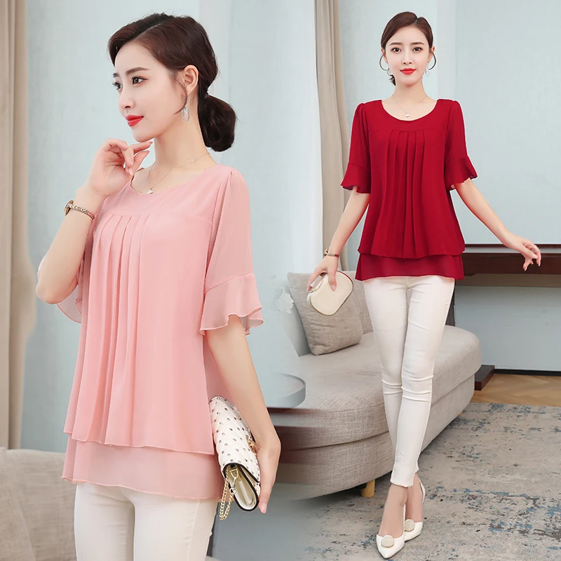 

2021 Korean Fashion Summer Chiffon Shirt Loose T-shirt Chiffon Short-sleeved Casual Tops Plus Size Women Clothing