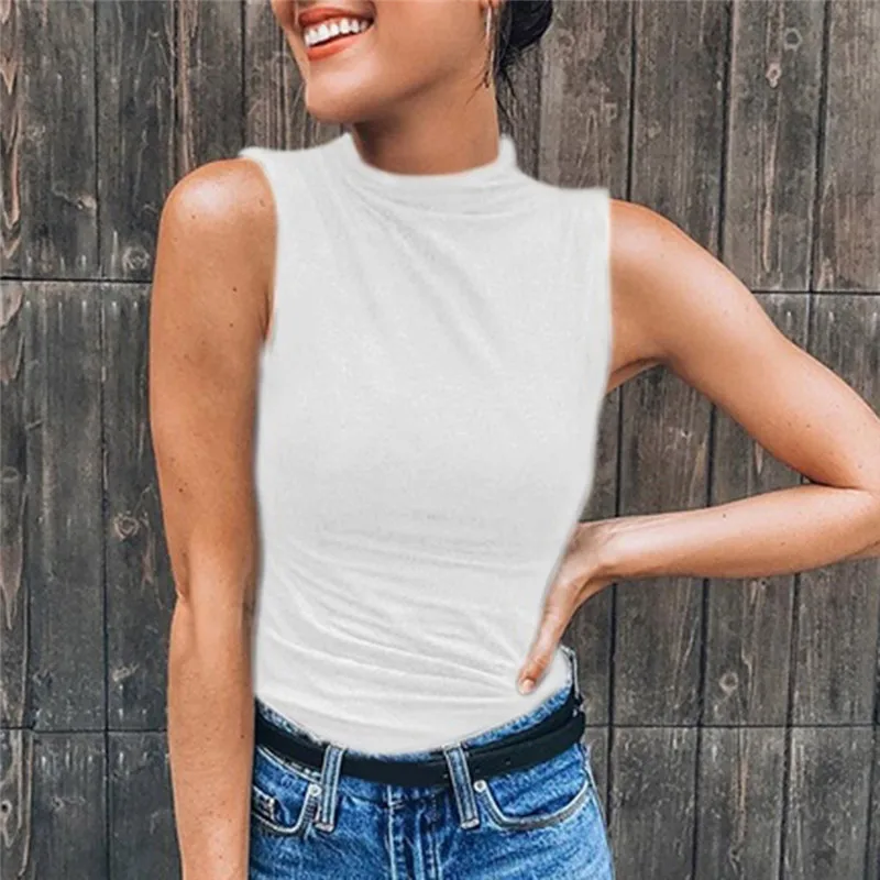 Женская водолазка без рукавов однотонная Повседневная футболка | одежда