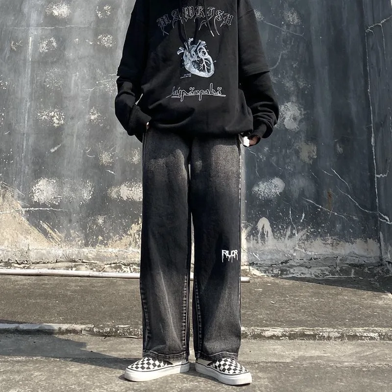 

2021 Jeans Men BF Style Vintage Black Tie-Dye Print Straight Leg Trousers High Waist Loose Casual Pants