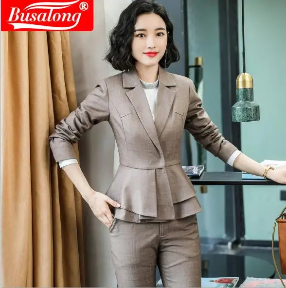 Осень 2019 Женский коричневый костюм комплект из 2 предметов Деловая одежда в стиле