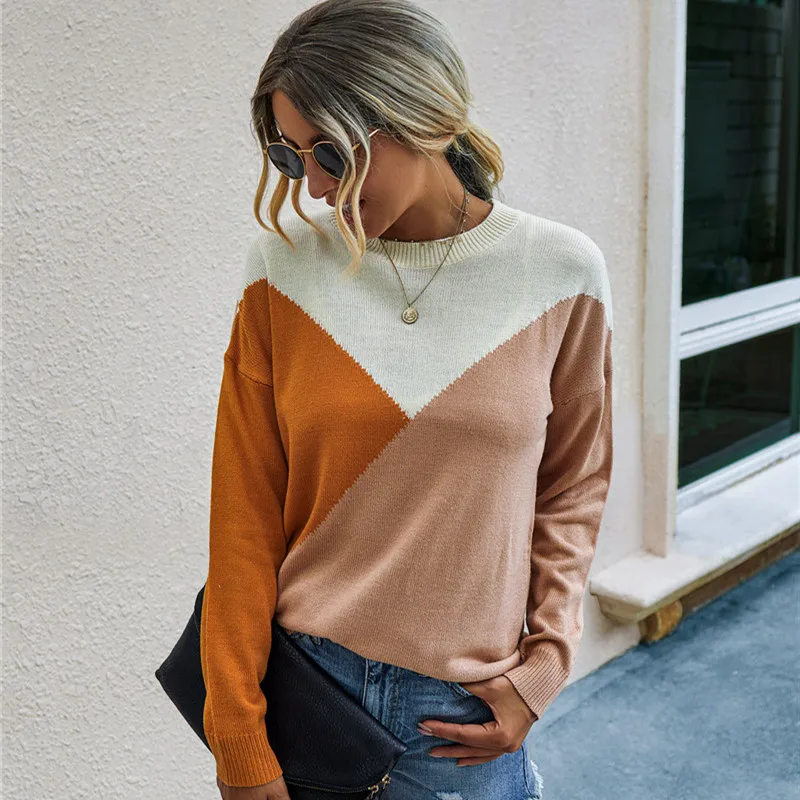

Winter Fashion Patchwork Women Sweater 2020 Casual O-neck Long Sleeves Slim Knitting Pullovers