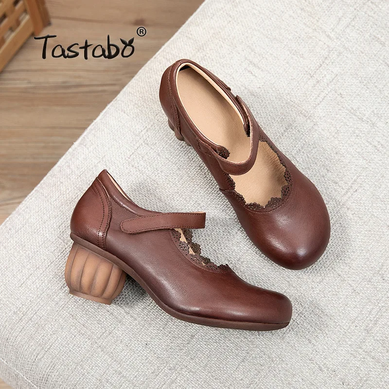 

2021 Spring Autumn Ankle Strap Pumps Brown Genuine Leather Shoes Women High Heels Pump Boat Shoes zapatos mujer S21071