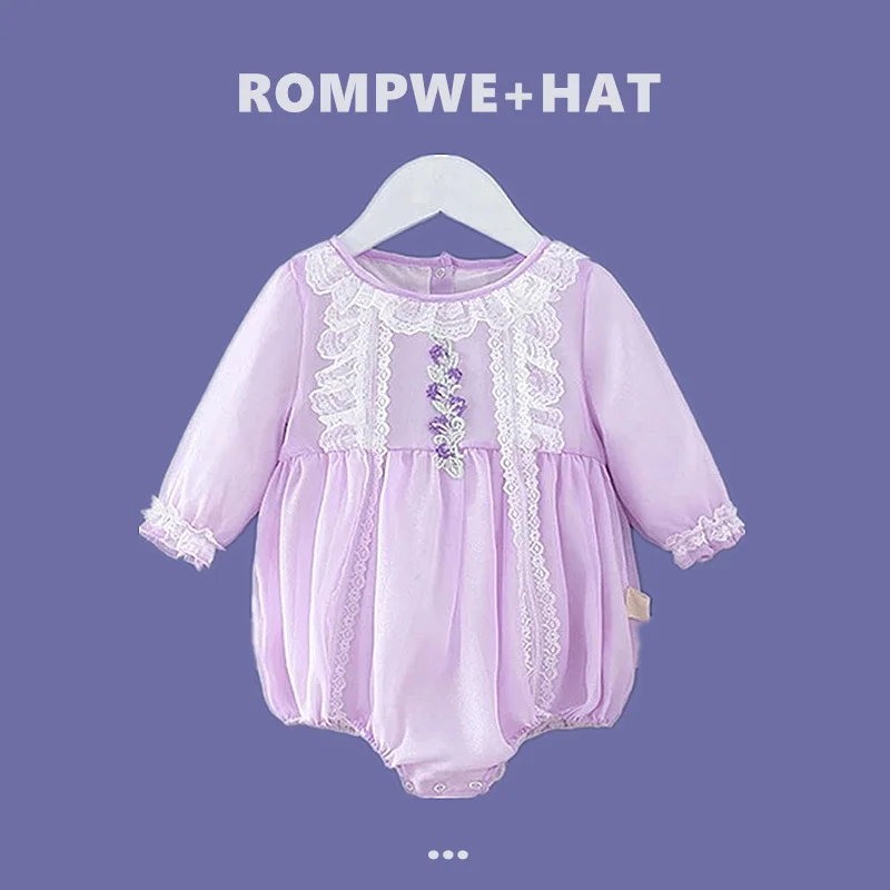 

2021 New Infant Baby Girls Rompers Newborn Infant Purple Long Sleeve Bodysuit+Hat 2pcs Sets Autumn Toddler Girls Jumpsuit Outfit