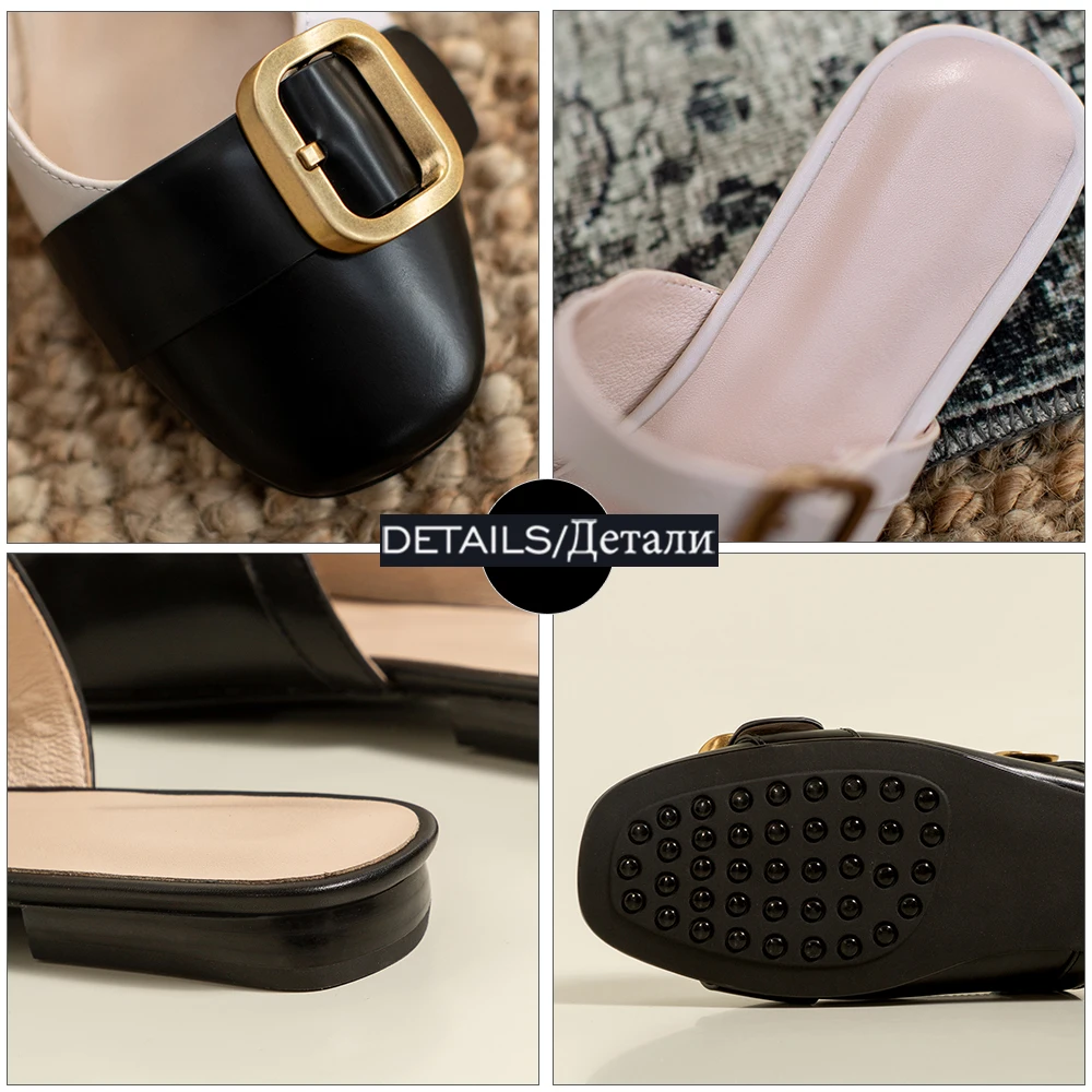 

WETKISS Woman Genuine Letaher Slippers Women Summer Sandals Casual Mules Metal Buckle Flats Non-slip Slippers Shoes 2021