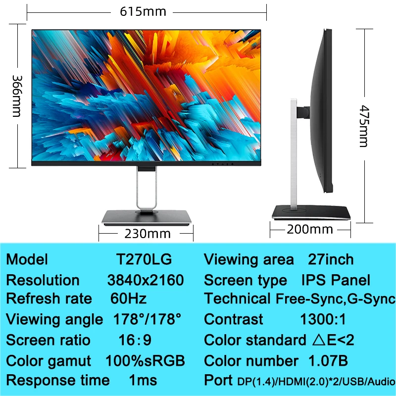 Монитор компьютерный 27 дюймов 4K 3840X2160 60 Гц 1 мс Отклик Адаптивная синхронизация