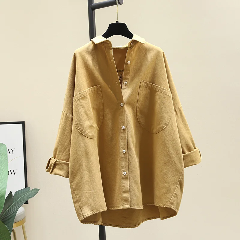 

SuperAen желтая верблюжья утолщенная хлопковая рубашка с отложным воротником 2021 Весна Осень Новые Ретро свободные однотонные женские топы