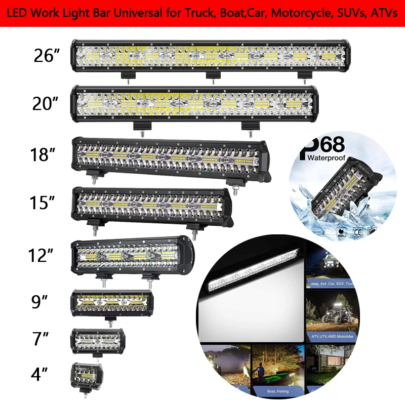 Led Word Light Bar 4" 7" 9" 12" 15" 18" 20" 26" Waterproof Work Light Combo Car Boat Hight Low Beam Spot Flood Road Light Lamp