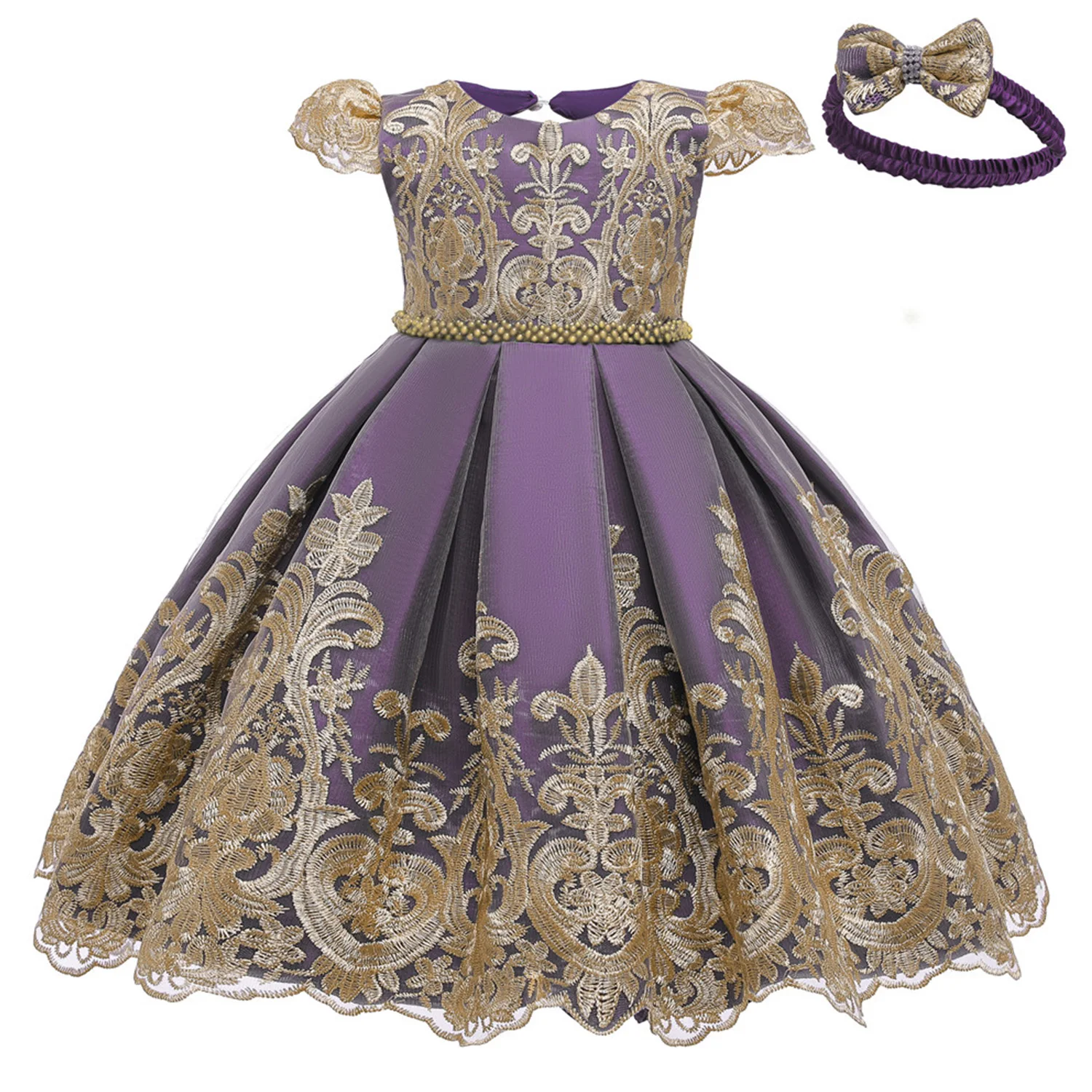 

3M-24M Baby Dresses Gold Lace Matching Dew Back Girl Party Dress With Bow Gift Headband CN(Origin) O-Neck Kids evening dresses