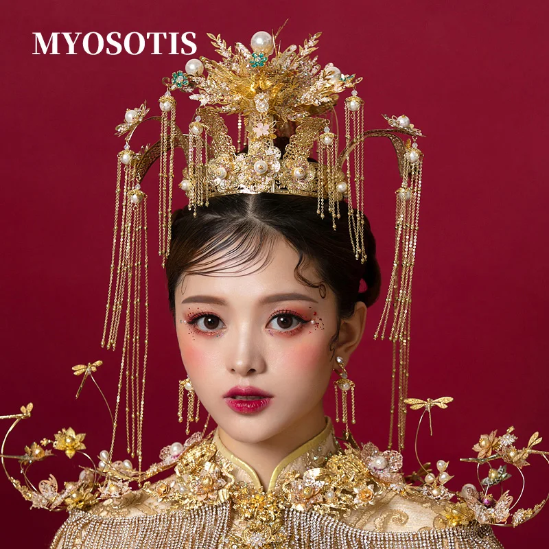 

Retro Crown Classical Chinese Wedding Flowers Queen Princess Brides Gold Hair Jewelry Accessories Tassel Wedding Hairwear