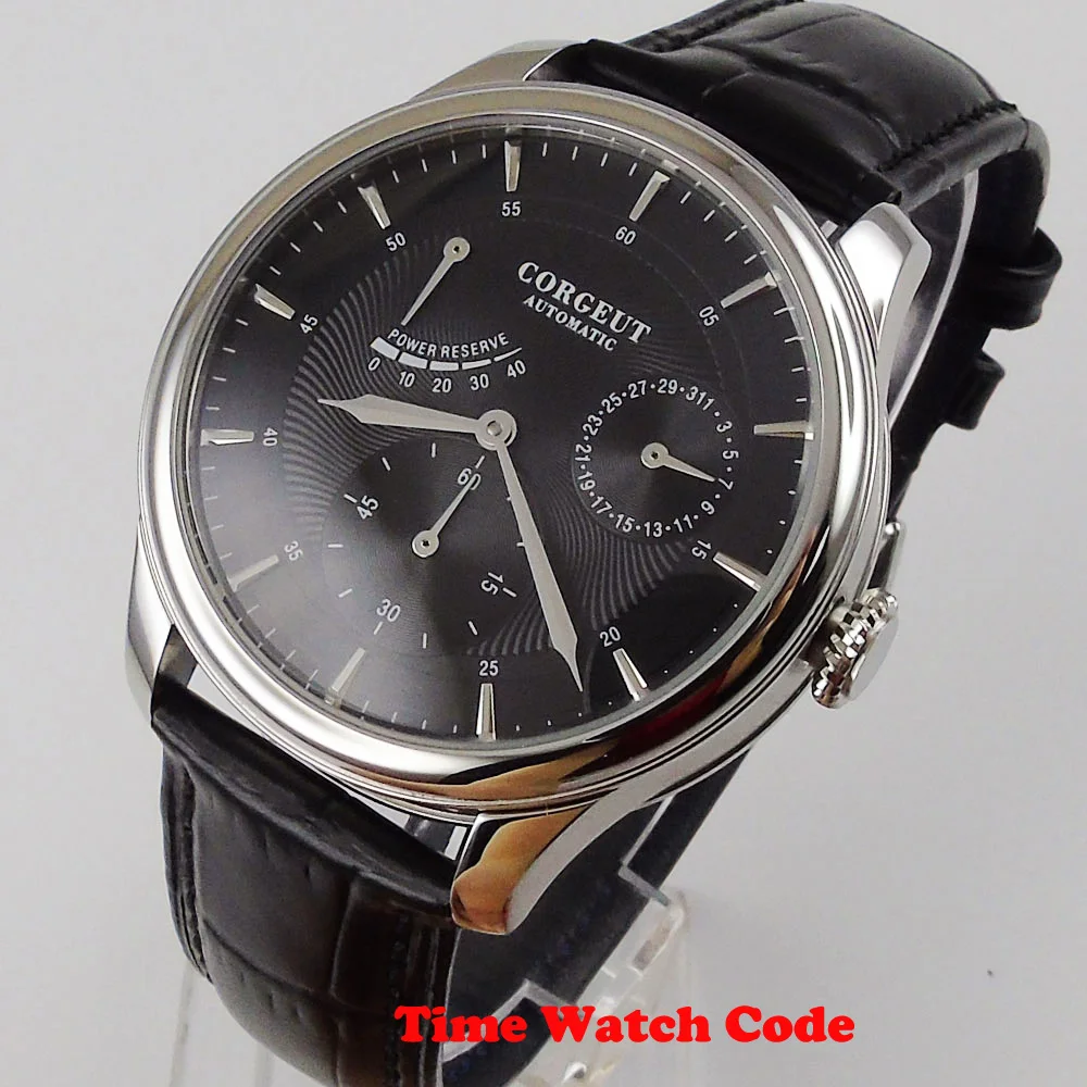 

CORGEUT 42mm Automatic Men's Wristwatch Black Dial Power-reserve Auto Date ST 1780 movement leather strap polished bezel watch