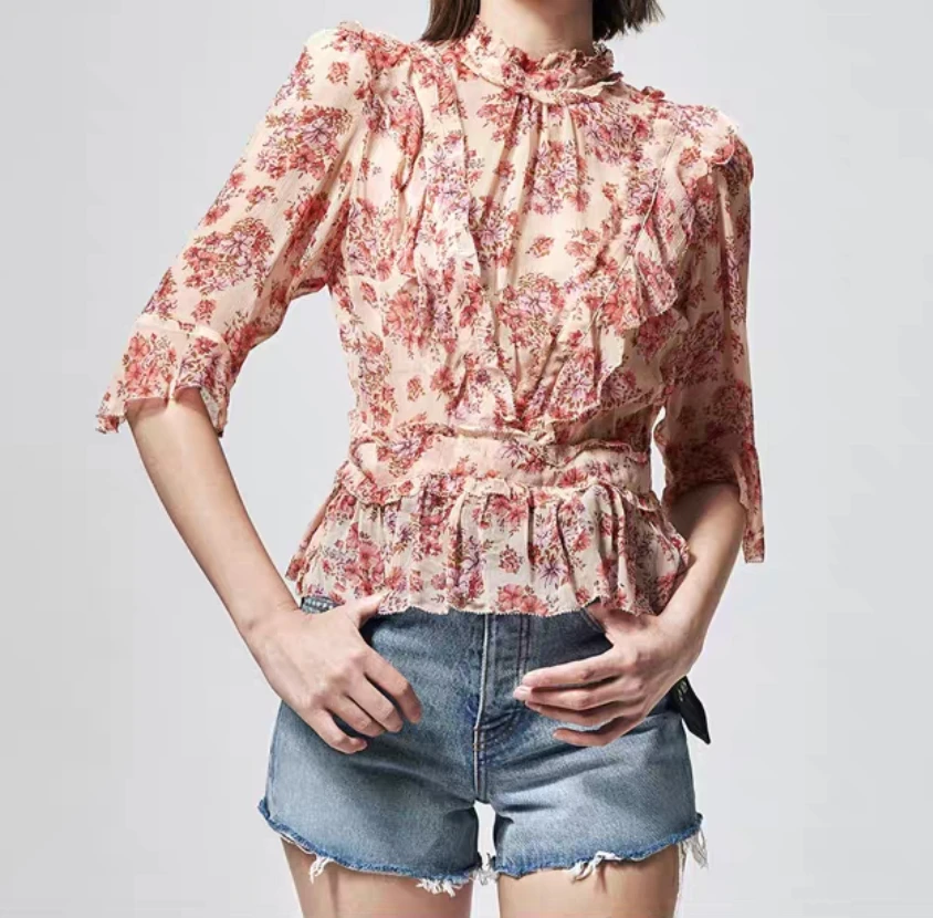 Женская блузка с оборками и цветочным принтом Повседневная облегающая коротким