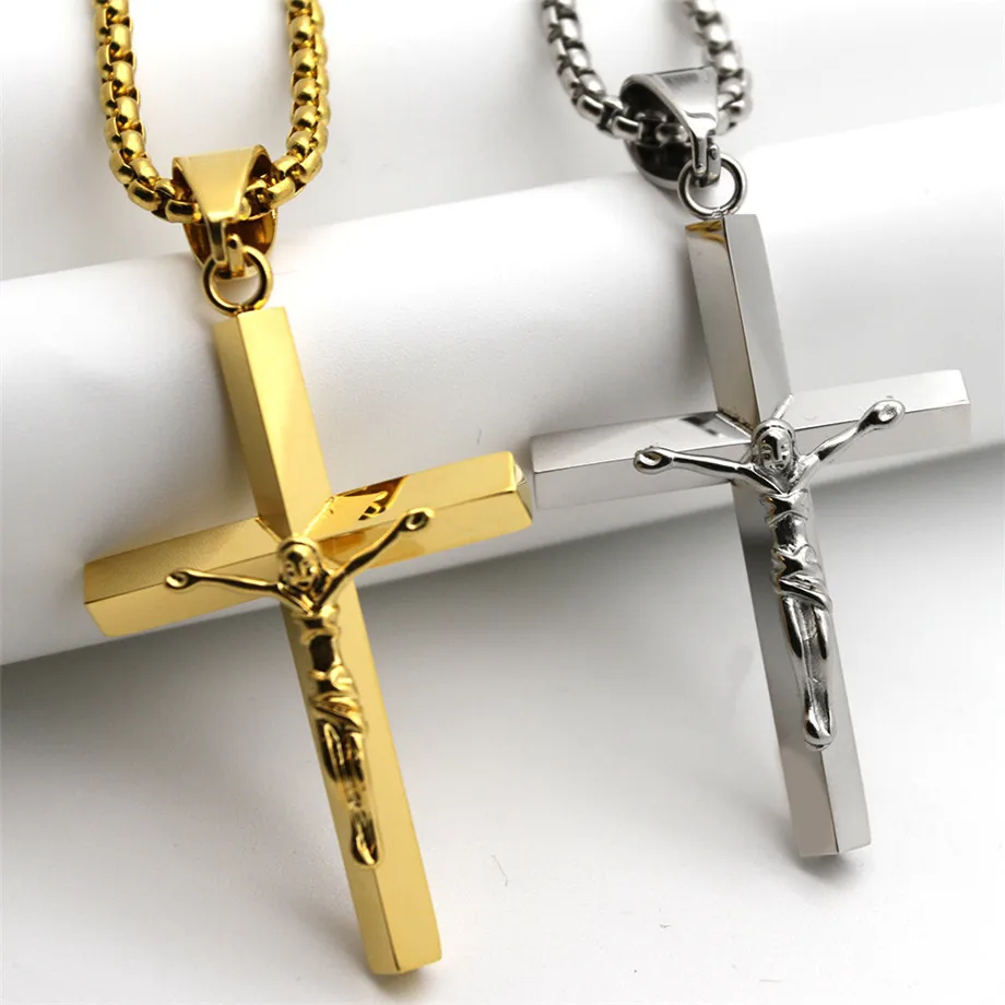 Купи Women's Men's Jesus Cross Necklace Gold/Silver Color Stainless Steel Crucifix Pendant Religious Jewelry With Male Chain за 564 рублей в магазине AliExpress
