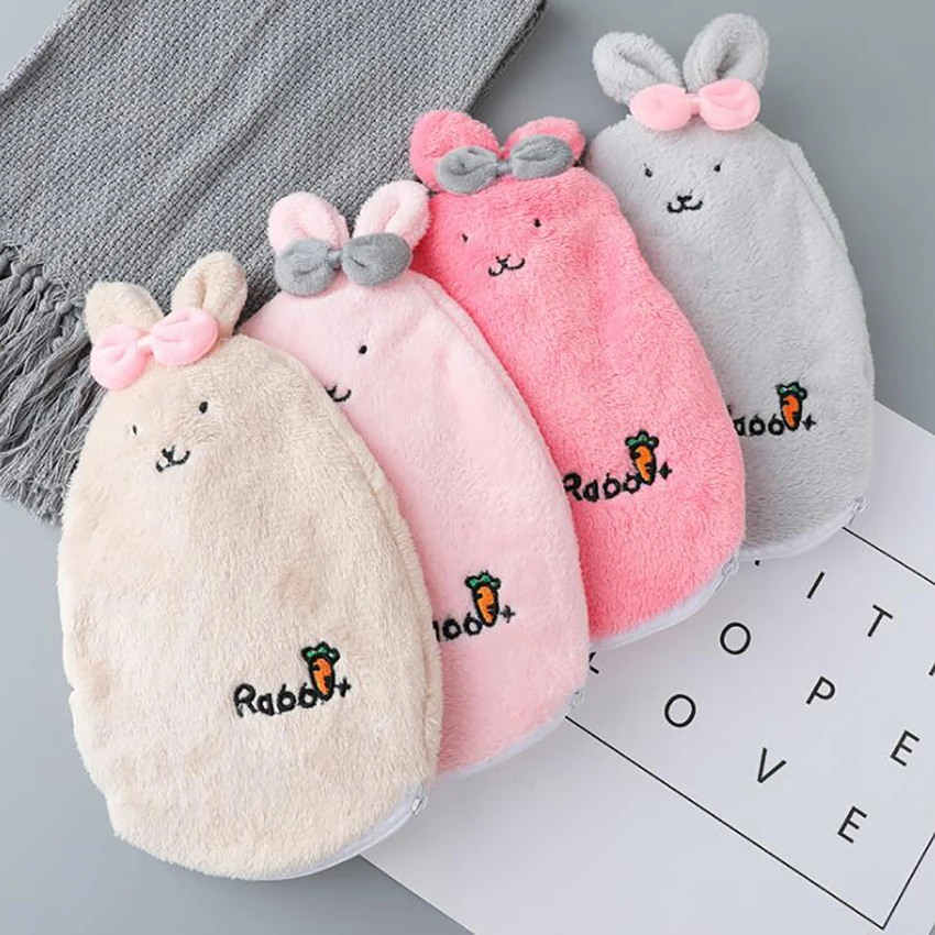 Hot Water Bottle with Zipper Plush Rabbit Cover Hand Warmer Explosion-proof PVC Bag for Pain Relief Heat Therapy | Бытовая техника