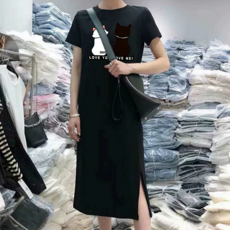 

Summer Cats Graphics Dress Women Kawaii Tshirt Dress Short Sleeve Casual Bottoming Midi Dresses Simple Korean Clothes Nightdress