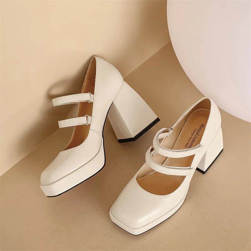 

Meotina Genuine Leather Square Toe Pumps Mary Janes Shoes Women Super High Heels Platform Block Heel Female Dress Footwear Beige