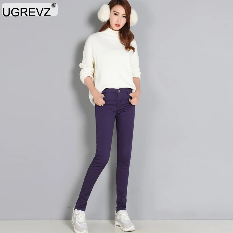 W13-333Purple Женские джинсы с высокой талией, узкие брюки, плюс размер, утепленные, эластичные удобные брюки, женские зимние узкие брюки ярких цветов - Цвет: W13-333Purple