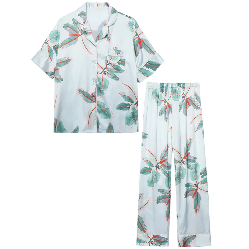 

Satin 2PCS Pajamas Set Women Print Sleepwear Casual PJS Shirt&Pants Soft Lingerie Lounge Wear Summer New Nightwear Home Clothes