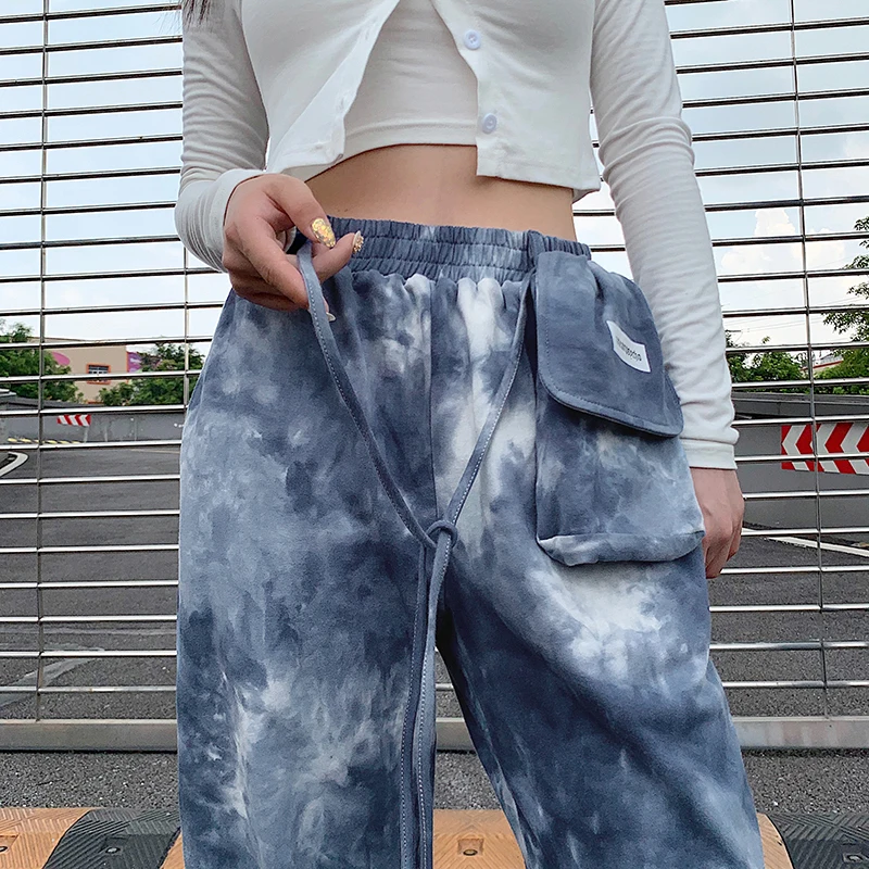 

IAMSURE Tie Dye Printed Sweatpants With Bag Loose Elastic Waist High Waisted Pants Women 2021 Summer Fashion Casual Streetwear