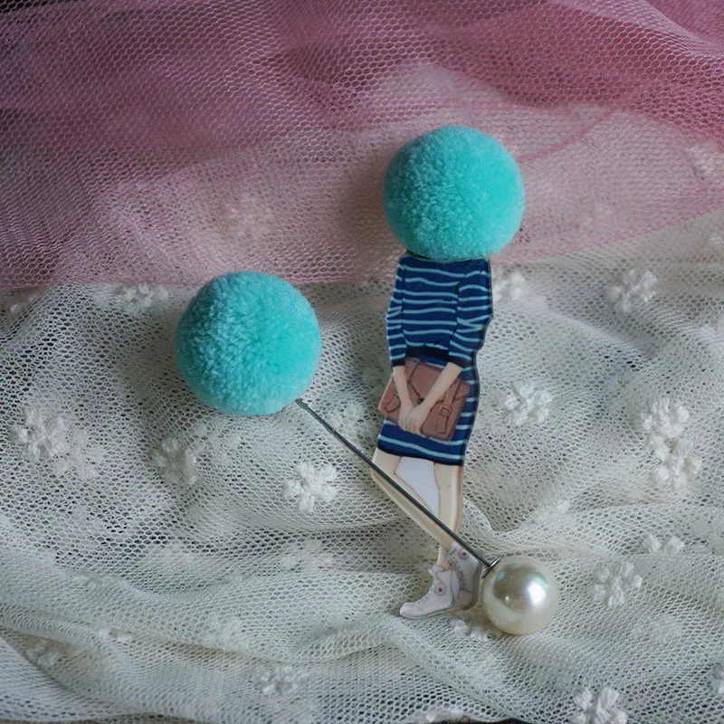 2 предмета Длинный большая брошь модели девушка значки Kawaii помпоном шерстяная