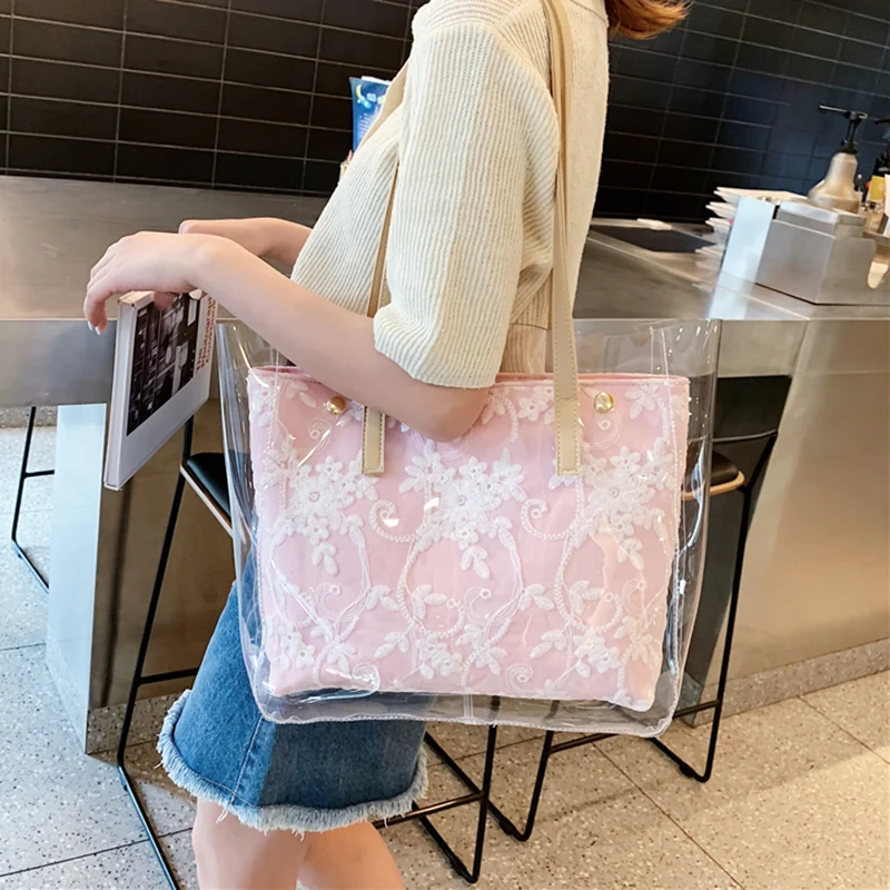

2022 HOT Sale Women Transparent Bag Clear PVC Jelly Big Tote Bag Embroidery Flowers Handbag Shoulder Bags Female Lady Sac Large