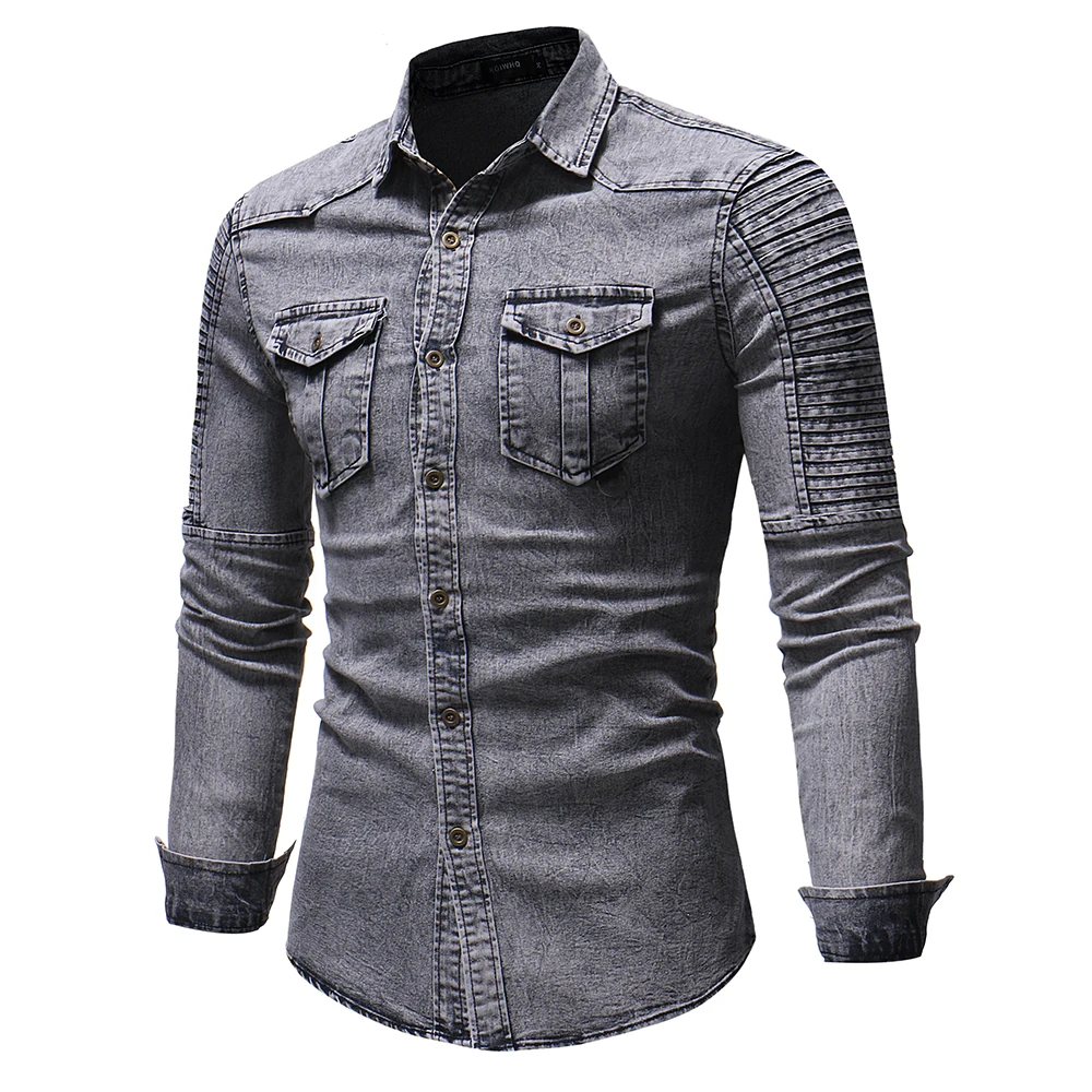 Mens Casual Cotton Shirts Regular-fit Long-Sleeve Denim Work Shirt Two Button Front Chest Pockets & Pencil Slot Rugged Wear