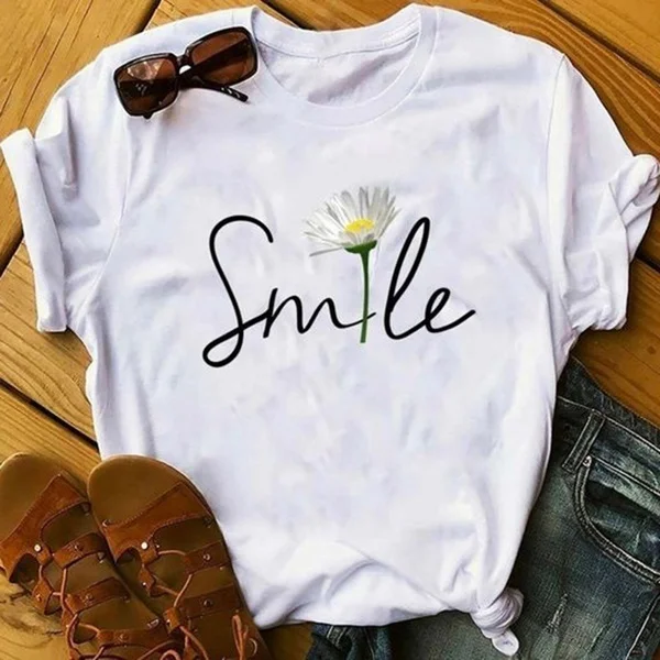 

Women's New Fashion T-shirt O-Neck Casual Top Flower Print Smile Short