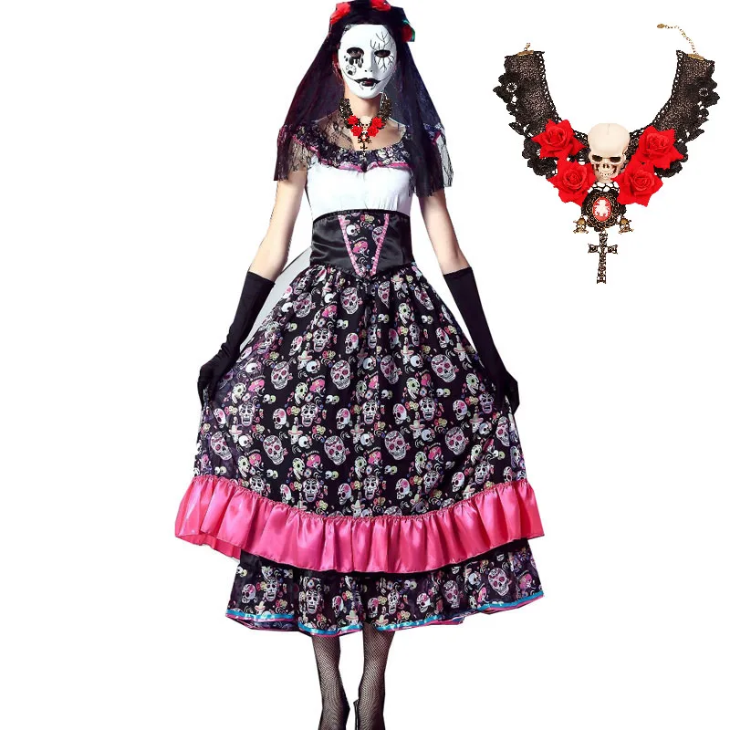 День мертвых платье цветок розы череп Хэллоуин испанский тело костюм страшно