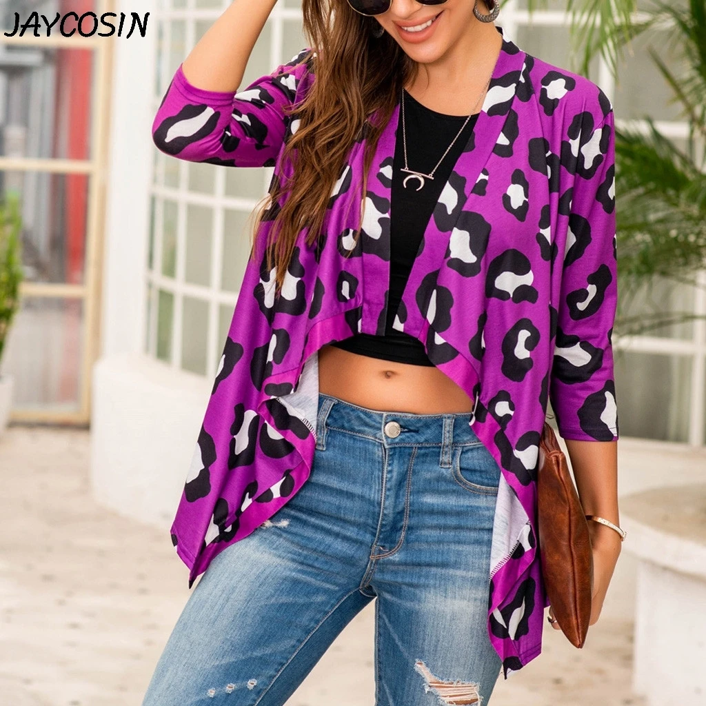 JAYCOSIN 2020 New Arrival Fashion Women Coat Leopard Print 3/4 Sleeve Irregular Cardigan Open Front Sun Protection Jacket |