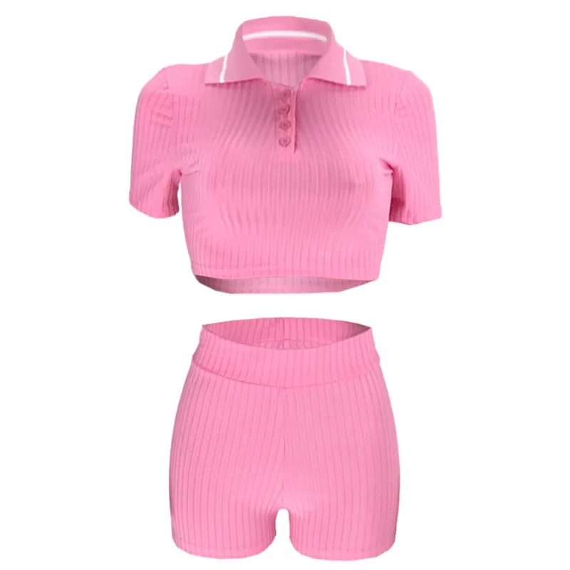 

Спортивный костюм из 2 предметов, женский короткий топ с отложным воротником и коротким рукавом и однотонные шорты для лета, 2021