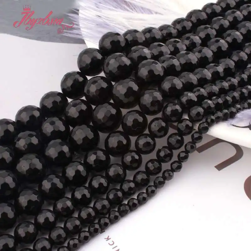 Круглые граненые черные турмалиновые бусины из натурального камня