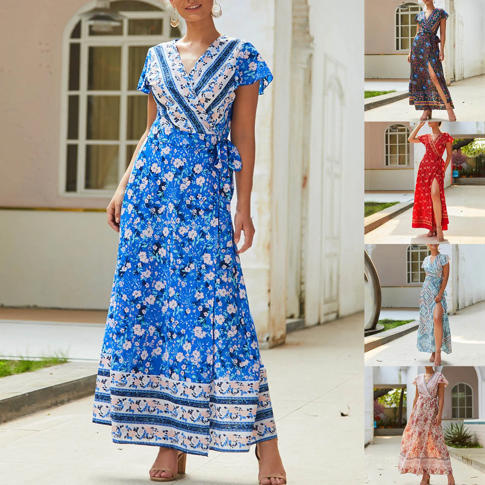 

Women Boho Floral Print Sexy Lace Ruffles Summer Dresses Short Sleeve Sexy V-Neck Party Beach Long Maxi Side Slits Sundress