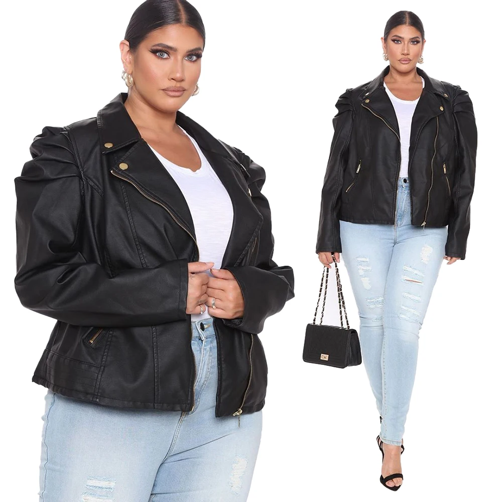

Plus Size Black Faux Leather Short Jacket for Women PU Leather Lady Coat Jacket Zipper Outerwear Long Puff Sleeve Jacket 5XL D30