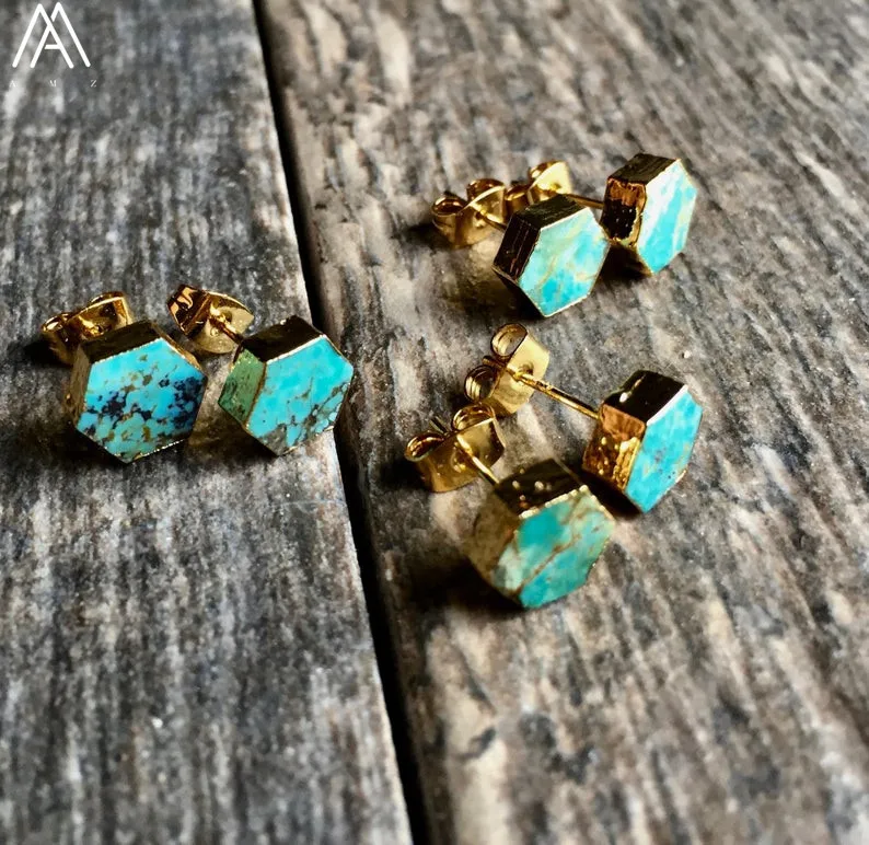 

Natural Turquoises Stone Hexagonal Beads Stud Earring Bohemia Women Natural Stone Statement Earring Jewelry Gift ER004AMBB