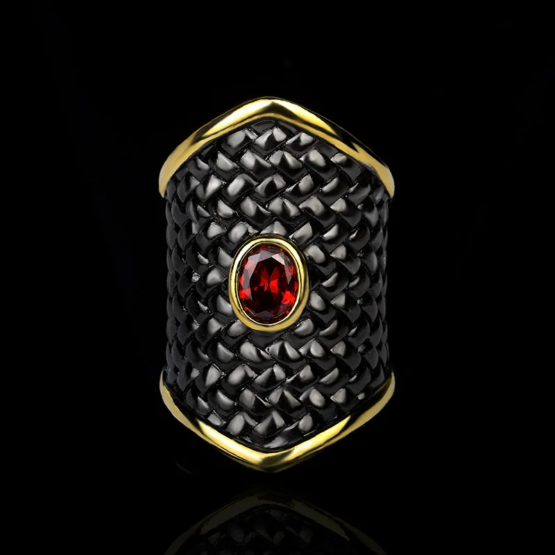 

Retro Creative Fashion Personality Red Zircon Big Ring Micro-Inlaid Black Gold-Plated Ring Wedding Engagement Party Jewelry Gift
