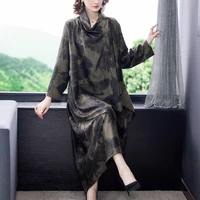 2021 new spring summer women printed floral dress fashion long sleeved high collar loose silk dresses ladies plus size sundress