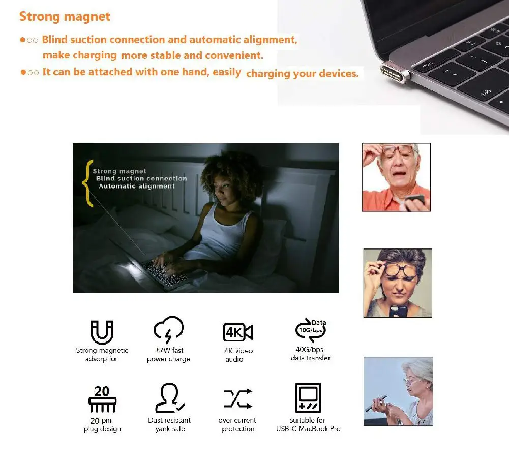 Магнитное зарядное устройство с разъемом USB Type-C для MacBook Pro/Samsung S8/N8/Huawei Mate 9/10/20 |