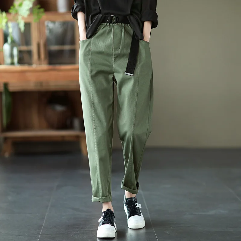 

Autumn New Pants Women Baggy Pants Elastic Waist Loose Cotton Trousers Female Solid Color Leisure With Belt Harem Pants