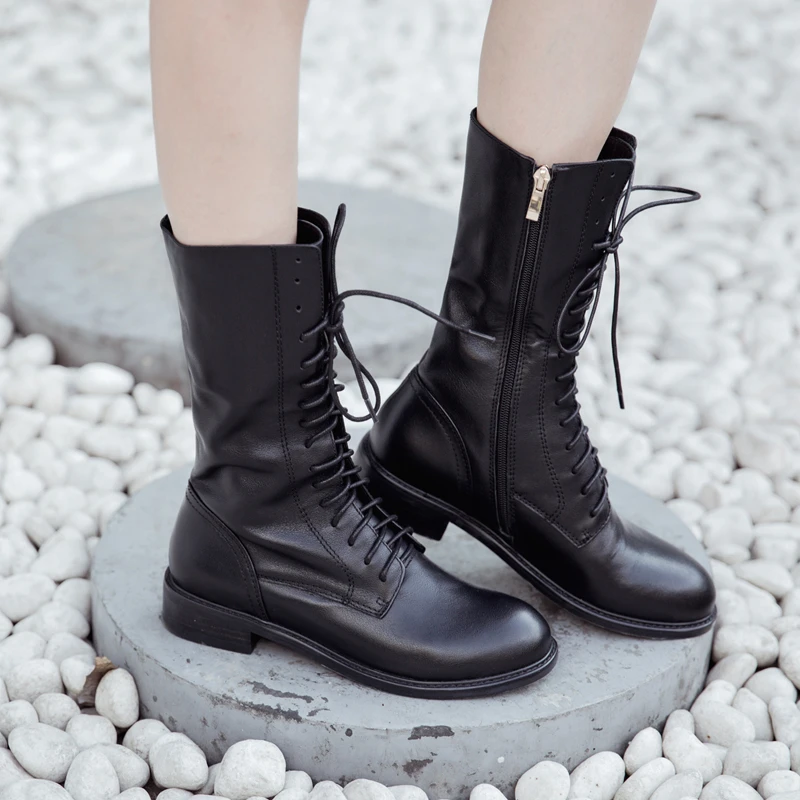 Женские Винтажные ботинки до середины икры черные мотоциклетные из натуральной