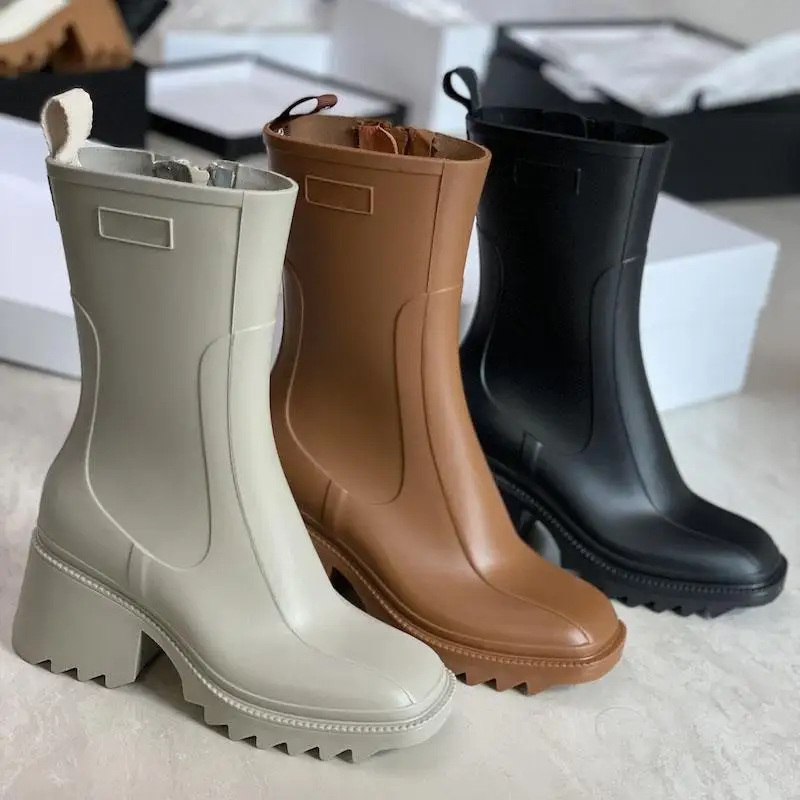 

2021 Women Betty Boots PVC Rubber Beeled Platform Knee-high tall Rain Boot Black Waterproof Welly Shoes Outdoor Rainshoes High h