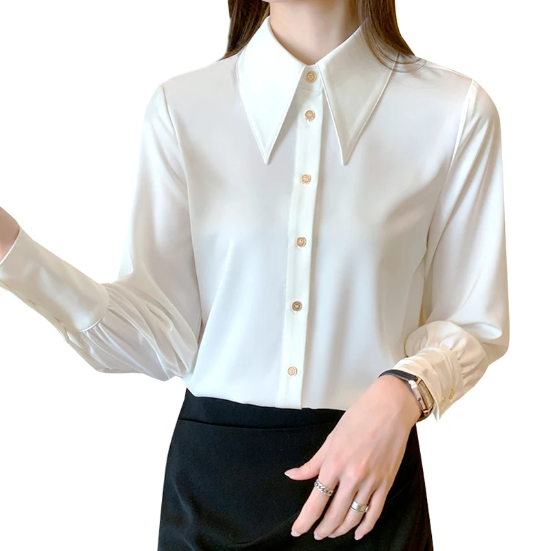 

Houthion Silk Women's Blouses Fashion Silk Blouse Casual New Korean Long Sleeve Top Buttons Solid Shirt Full Office Lady