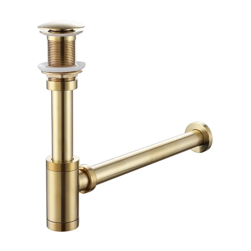 

Brass Round Siphon Brushed Gold P-TRAP Deodorization Bathroom Vanity Basin Pipe Waste With Pop Up Drain Without Overflow