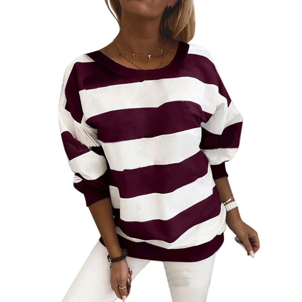 

VICABO Autumn Striped Print Women Pullovers Long Sleeve Top Cloting Round Collar Casual Loose Ladies Sweatshirts