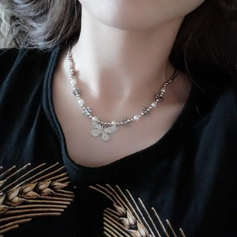 

готическое ожерелье с подвеской-бабочкой для женщин, чокер в эстетике хиппи, жемчужная цепочка, ошейник, ювелирные изделия, подарок
