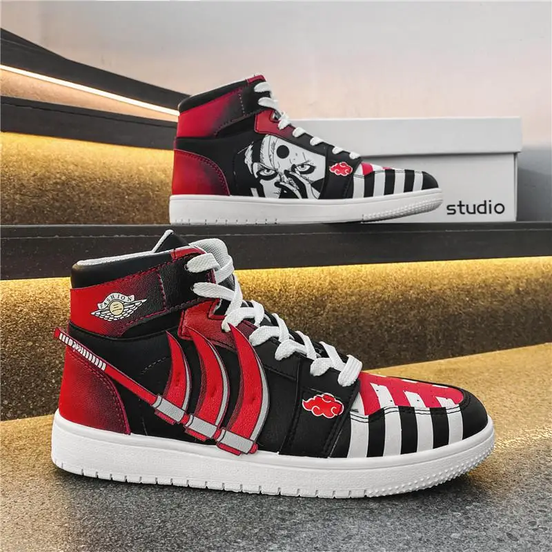 

Leather Anime Men Sneakers Zapatillas Hombre High Top Rubber Outdoor Hidan Casual Flats Akatsuki Red Lace Up Tenis Masculino