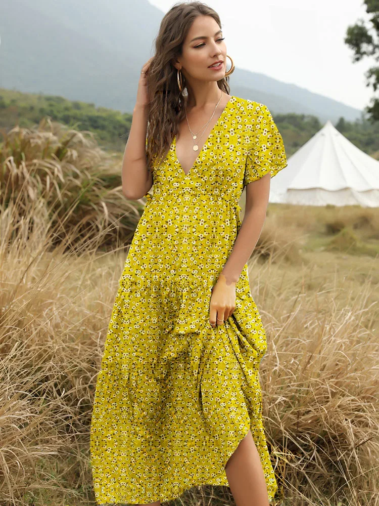 

Women's Dress Ruffled Bohemian 2021 New European Short Sleeve V-neck High Quality Fashion Loose Spring Summer Party Elegant