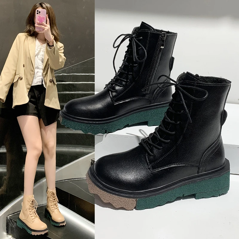 2021 New short Boots Women Plus Cashmere Warm All-match Autumn and Winter High-top Fashion Mid-tube Boots Basic Sleek Women's
