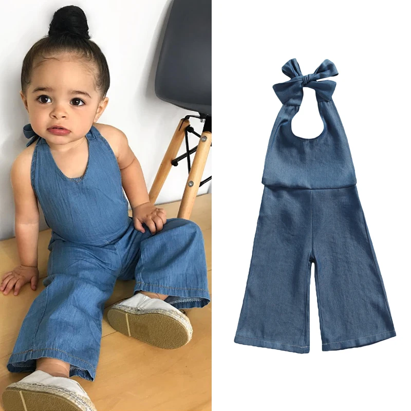 

Summer Fashion Infant Girls Jumpsuits Outfits 0-4Y Blue Solid Denim Sleeveless Halter Backless Playsuits