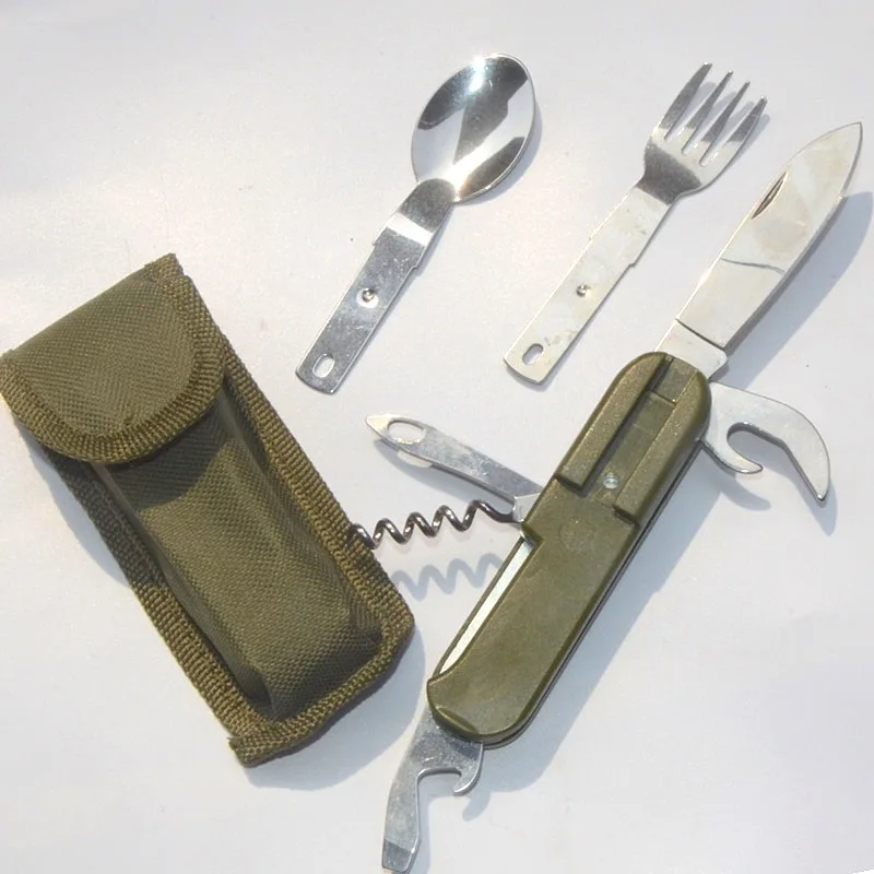 

Stainless Steel Travel Kit Portable Army Green Folding Camping Picnic Cutlery Knife Fork Spoon Bottle Opener Flatware Tableware