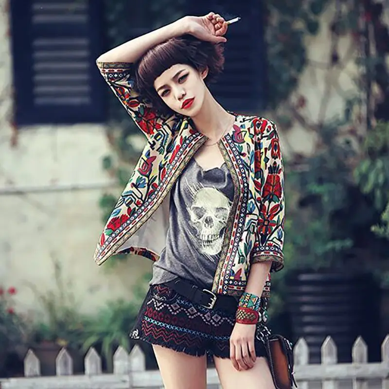 Куртка женская короткая с цветочным принтом модный офисный Кардиган длинным